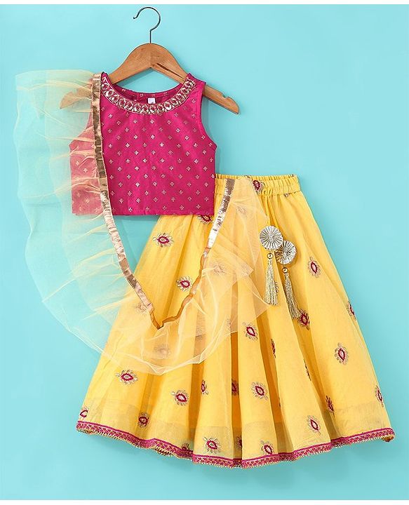 Babyhug Woven Sleeveless Choli & Lehenga Set with Dupatta & Floral Embroidery - Pink & Yellow