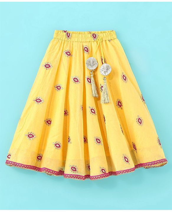 Babyhug Woven Sleeveless Choli & Lehenga Set with Dupatta & Floral Embroidery - Pink & Yellow