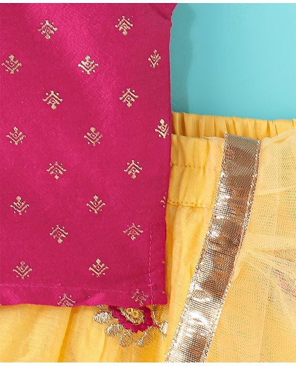 Babyhug Woven Sleeveless Choli & Lehenga Set with Dupatta & Floral Embroidery - Pink & Yellow