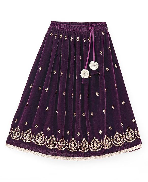 Babyhug Sleeveles Velvet Embroidered Choli with Lehenga  and Dupatta - Purple
