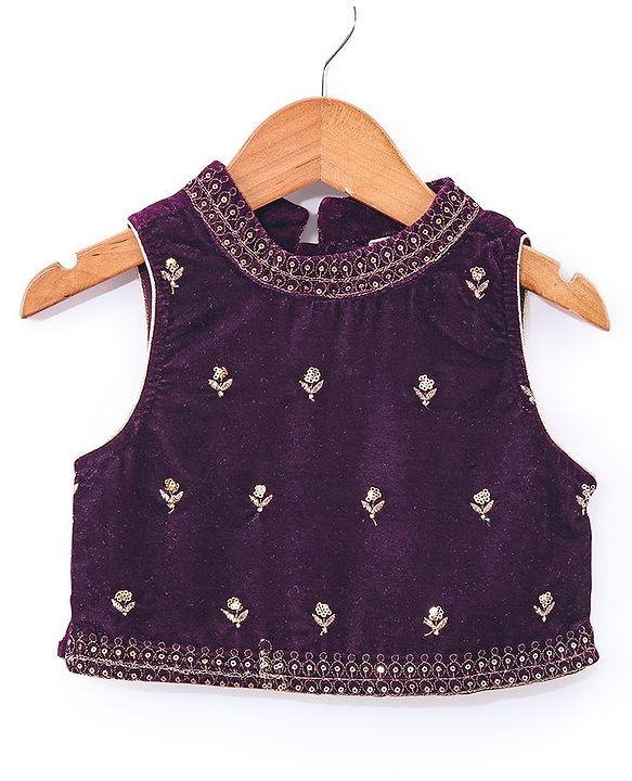 Babyhug Sleeveles Velvet Embroidered Choli with Lehenga  and Dupatta - Purple