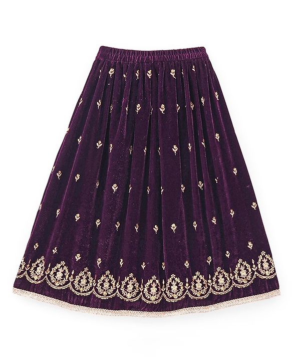 Babyhug Sleeveles Velvet Embroidered Choli with Lehenga  and Dupatta - Purple