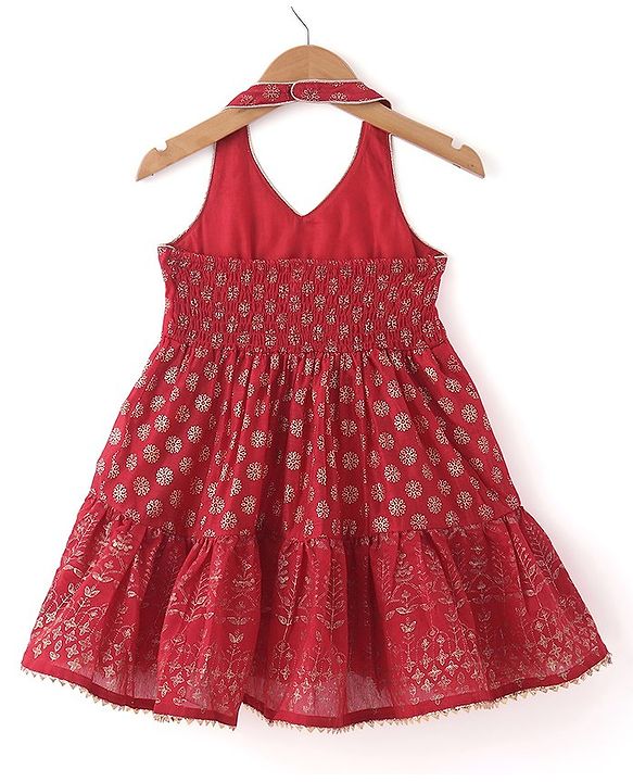 Babyhug Woven Sleeveless Halter Neck Foil Printed Ethnic Dress - Red