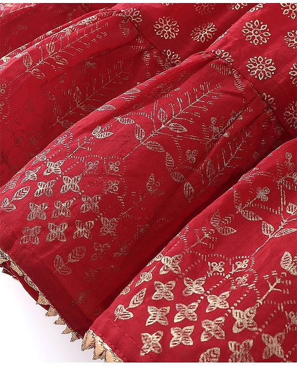Babyhug Woven Sleeveless Halter Neck Foil Printed Ethnic Dress - Red