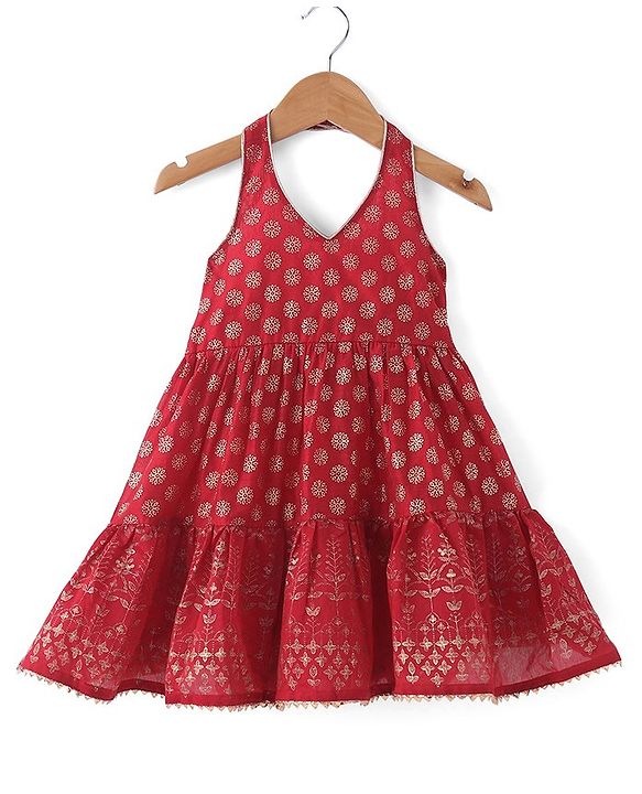 Babyhug Woven Sleeveless Halter Neck Foil Printed Ethnic Dress - Red