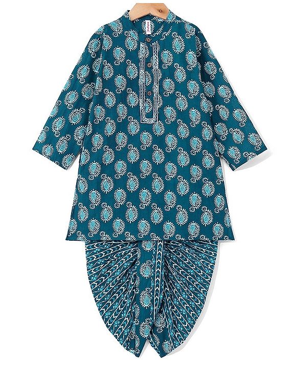 Babyhug 100% Cotton Knit Ethnic Printed Dhoti with Full Sleeves Kurta Set - Navy Blue