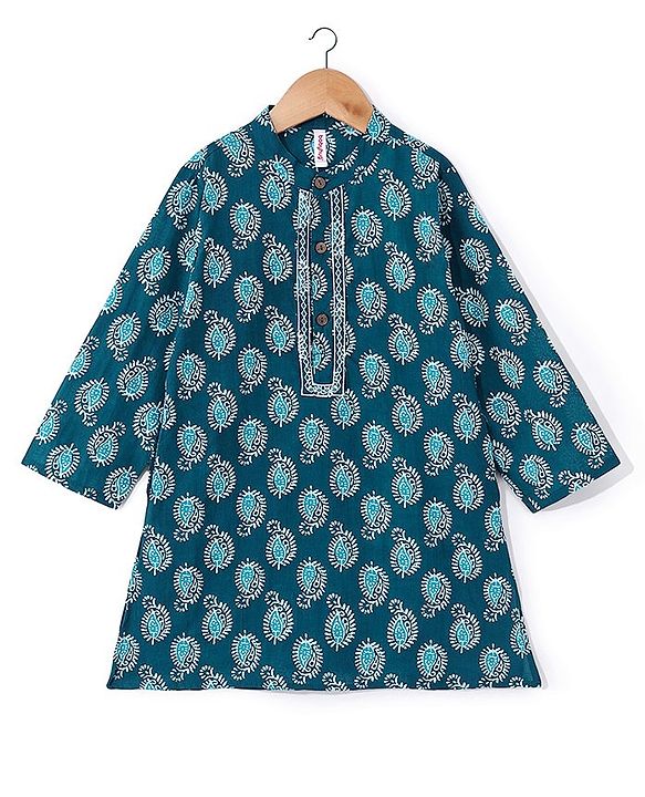 Babyhug 100% Cotton Knit Ethnic Printed Dhoti with Full Sleeves Kurta Set - Navy Blue