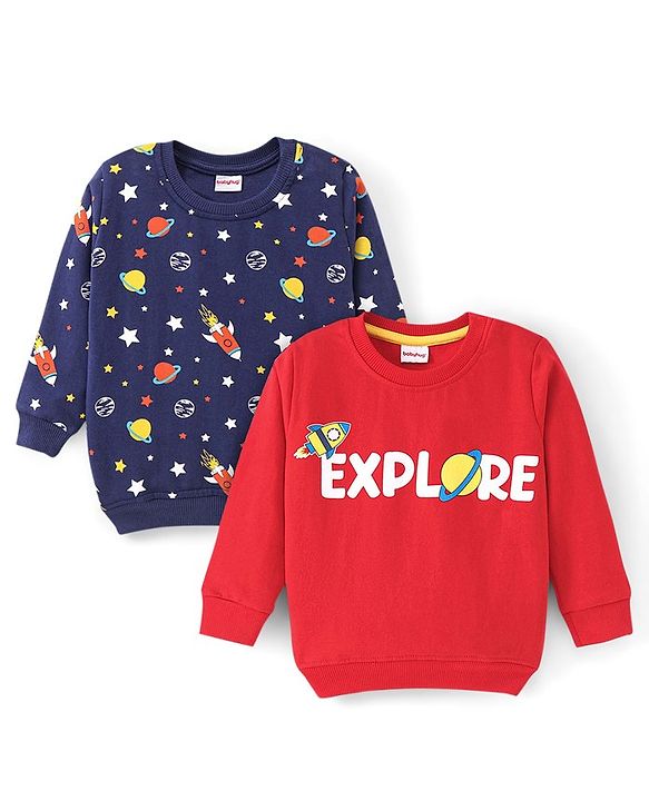 Babyhug Cotton Full Sleeves Sweatshirts With Outer Space Graphics Pack  Of 2- Blue & Red