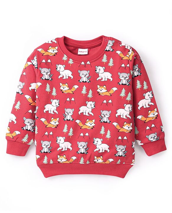 Babyhug Cotton Knit Full Sleeves Sweatshirt With Wild Animals Graphics Pack Of 2 - Red & Green
