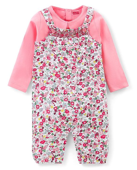 Babyhug Single Jersey Cotton Knit Dungaree with Full Sleeves Inner Tee Floral Print - Peach