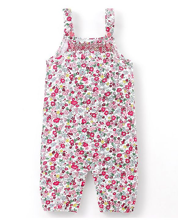 Babyhug Single Jersey Cotton Knit Dungaree with Full Sleeves Inner Tee Floral Print - Peach