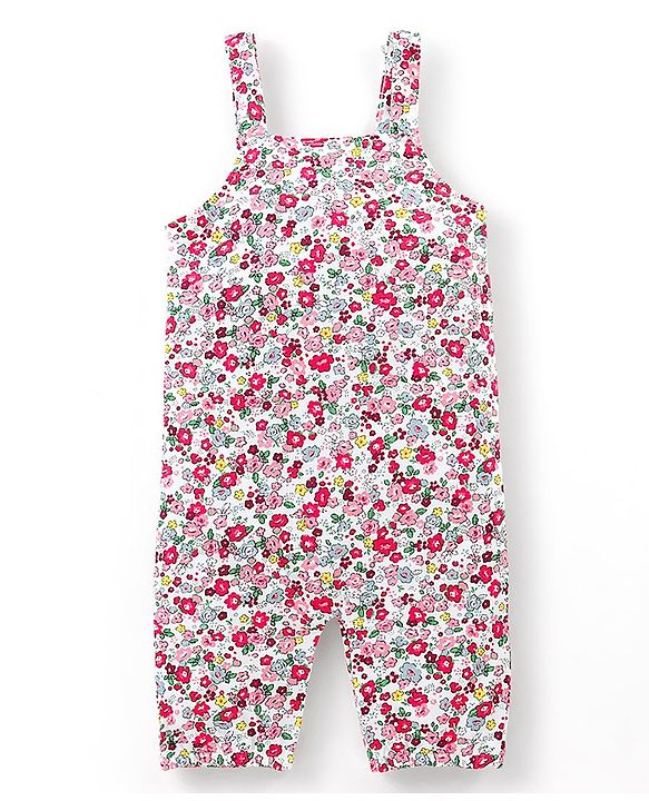 Babyhug Single Jersey Cotton Knit Dungaree with Full Sleeves Inner Tee Floral Print - Peach