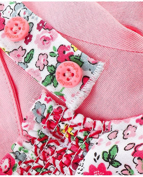 Babyhug Single Jersey Cotton Knit Dungaree with Full Sleeves Inner Tee Floral Print - Peach