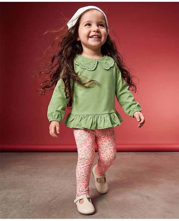 Babyhug 100% Cotton Full Sleeves Top and Floral Printed Pant - Green & Orange