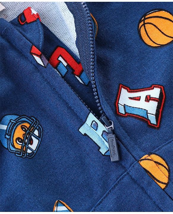 Babyhug Cotton Knit Full Sleeves Hooded Sweatjacket with Zipper & Basket Ball Graphics Print - Navy Blue