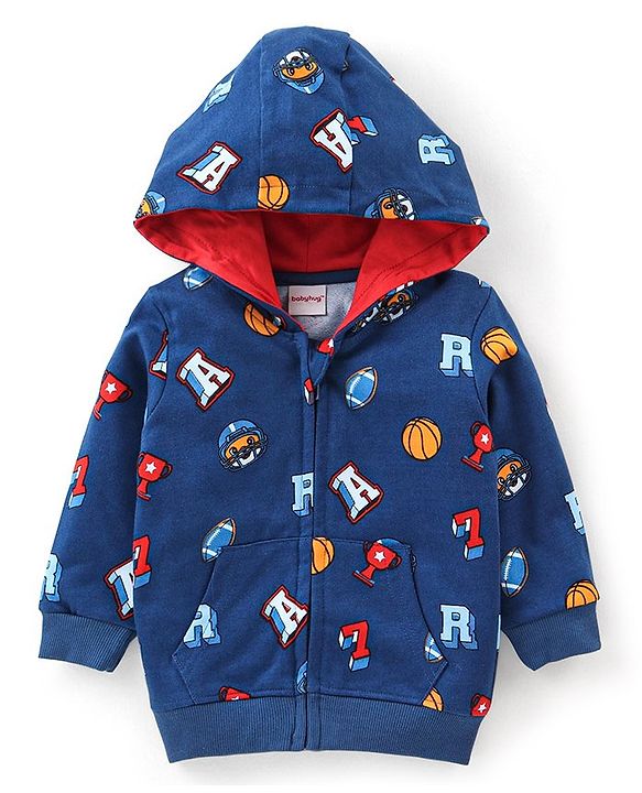 Babyhug Cotton Knit Full Sleeves Hooded Sweatjacket with Zipper & Basket Ball Graphics Print - Navy Blue