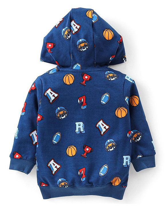 Babyhug Cotton Knit Full Sleeves Hooded Sweatjacket with Zipper & Basket Ball Graphics Print - Navy Blue