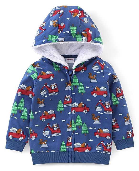 Babyhug Cotton Knit Full Sleeves Hooded Sweatshirt with Jungle Print - Blue