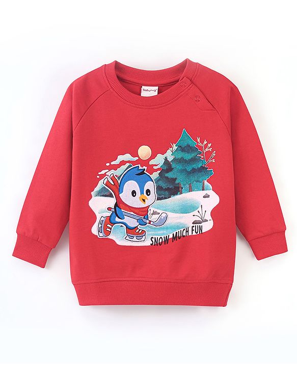 Babyhug Cotton Knit Full Sleeves Sweatshirt with Penguin Graphics Design - Red