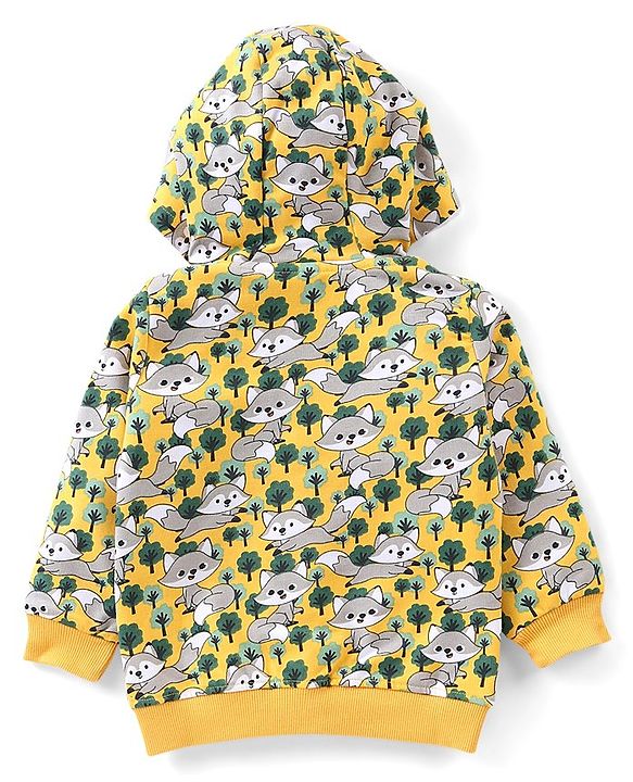 Babyhug Cotton Knit Full Sleeves Raccoon Printed Hooded Sweat Jacket with Zipper - Yellow