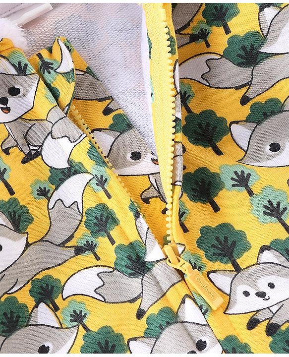 Babyhug Cotton Knit Full Sleeves Raccoon Printed Hooded Sweat Jacket with Zipper - Yellow