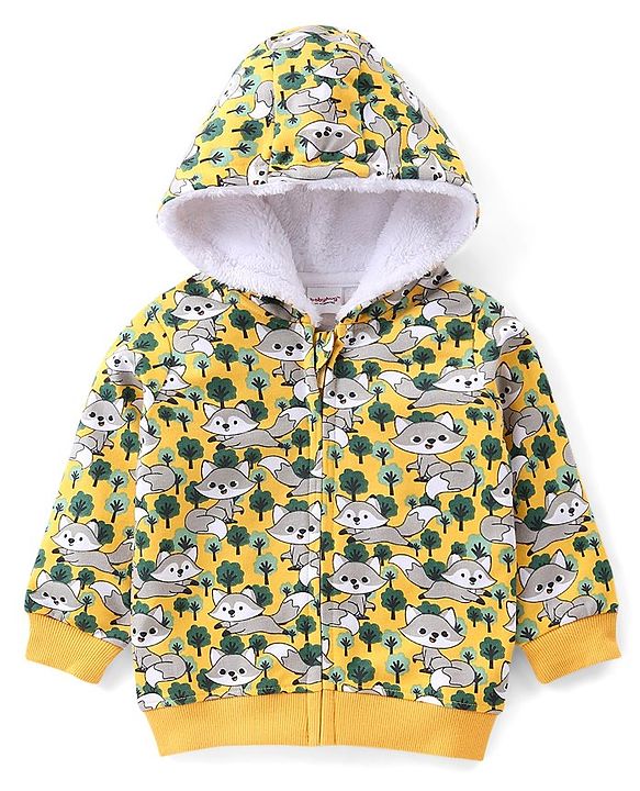 Babyhug Cotton Knit Full Sleeves Raccoon Printed Hooded Sweat Jacket with Zipper - Yellow