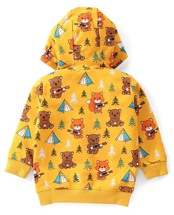 Babyhug Cotton Knit Full Sleeves Sweatjacket With Hood & Teddy Print - Yellow