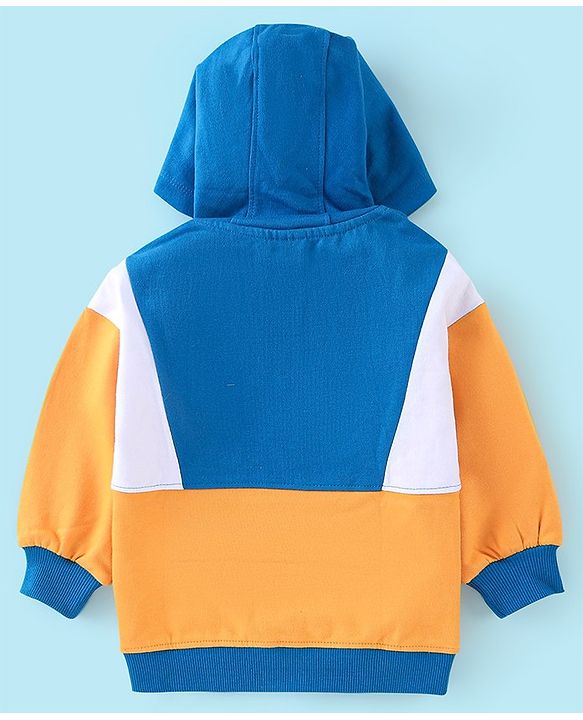 Babyhug Cotton Knit Full Sleeves Cut & Sew Sweatjacket with Zipper & Hood Detailing Basketball Badge - Blue & Yellow