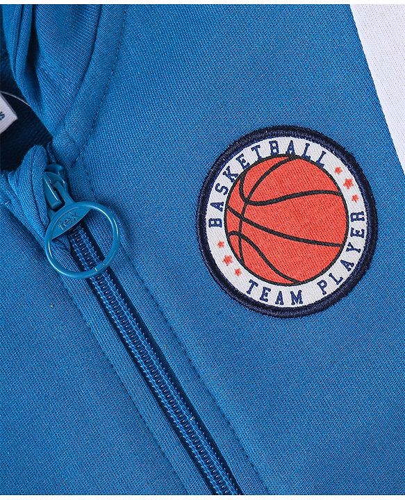 Babyhug Cotton Knit Full Sleeves Cut & Sew Sweatjacket with Zipper & Hood Detailing Basketball Badge - Blue & Yellow