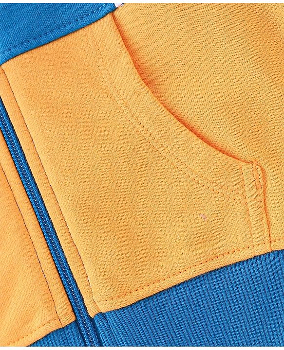 Babyhug Cotton Knit Full Sleeves Cut & Sew Sweatjacket with Zipper & Hood Detailing Basketball Badge - Blue & Yellow