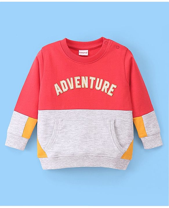 Babyhug Cotton Knit Full Sleeves Cut & Sew with Text Graphics Sweatshirt  - Red & Grey