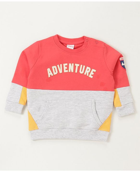 Babyhug Cotton Knit Full Sleeves Cut & Sew with Text Graphics Sweatshirt  - Red & Grey