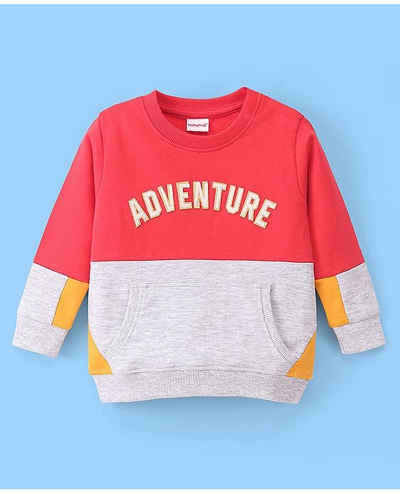 Babyhug Cotton Knit Full Sleeves Cut & Sew with Text Graphics Sweatshirt  - Red & Grey