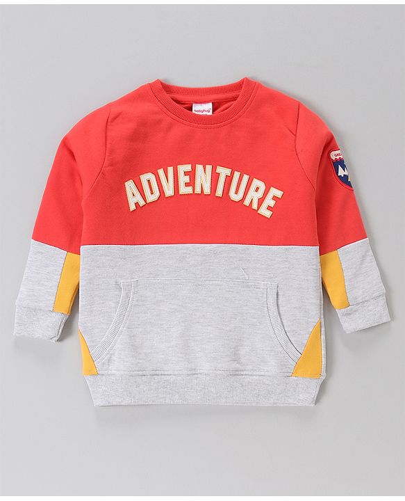 Babyhug Cotton Knit Full Sleeves Cut & Sew with Text Graphics Sweatshirt  - Red & Grey