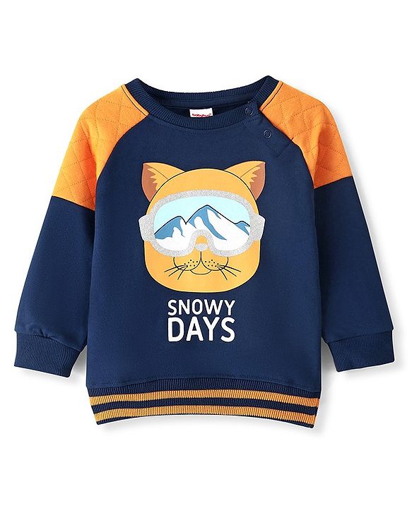 Babyhug Cotton Knit Full Sleeves Sweatshirt With Kitty Graphics & Quilting Detailing - Navy Blue