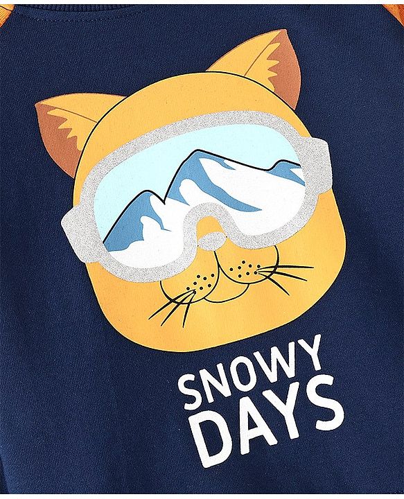 Babyhug Cotton Knit Full Sleeves Sweatshirt With Kitty Graphics & Quilting Detailing - Navy Blue