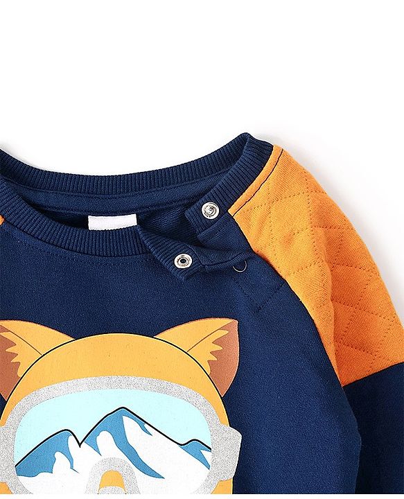 Babyhug Cotton Knit Full Sleeves Sweatshirt With Kitty Graphics & Quilting Detailing - Navy Blue