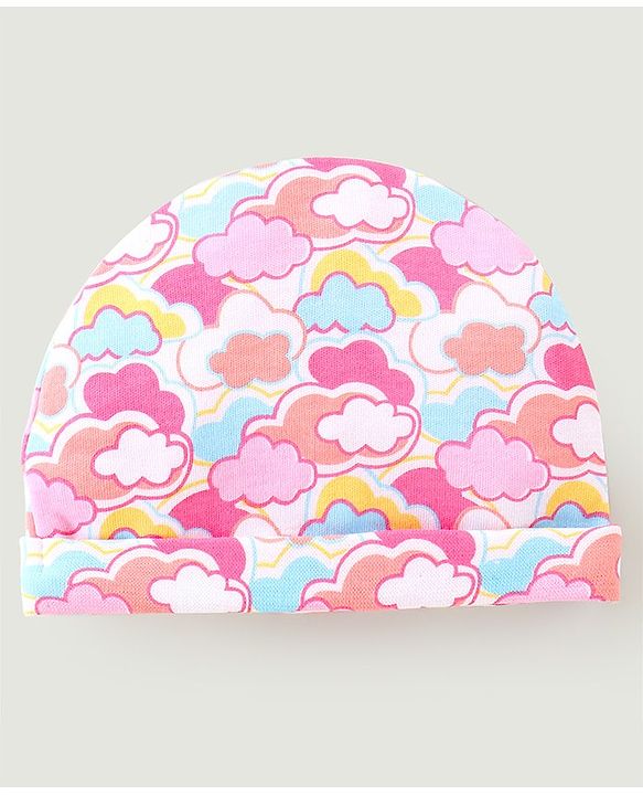Babyhug 100% Cotton Cap Mittens And Booties With Cloud Print Pink - Diameter 9.5 cm