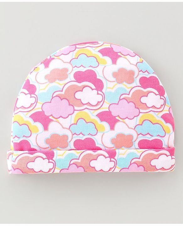 Babyhug 100% Cotton Cap Mittens And Booties With Cloud Print Pink - Diameter 9.5 cm