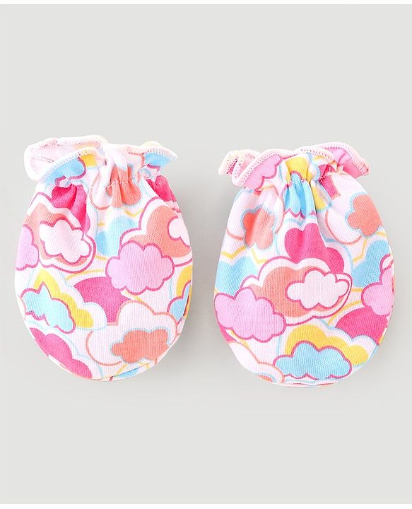 Babyhug 100% Cotton Cap Mittens And Booties With Cloud Print Pink - Diameter 9.5 cm