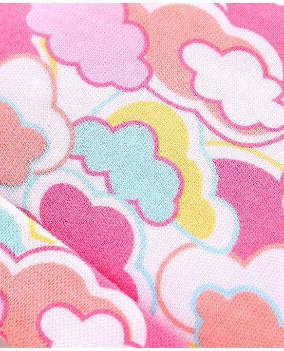 Babyhug 100% Cotton Cap Mittens And Booties With Cloud Print Pink - Diameter 9.5 cm