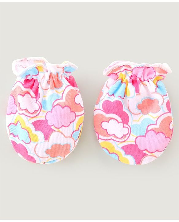 Babyhug 100% Cotton Cap Mittens And Booties With Cloud Print Pink - Diameter 9.5 cm