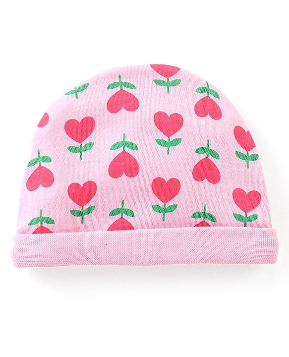 Babyhug 100% Cotton Knit Floral Printed Cap Mittens & Booties Set Pink - Diameter 9 cm