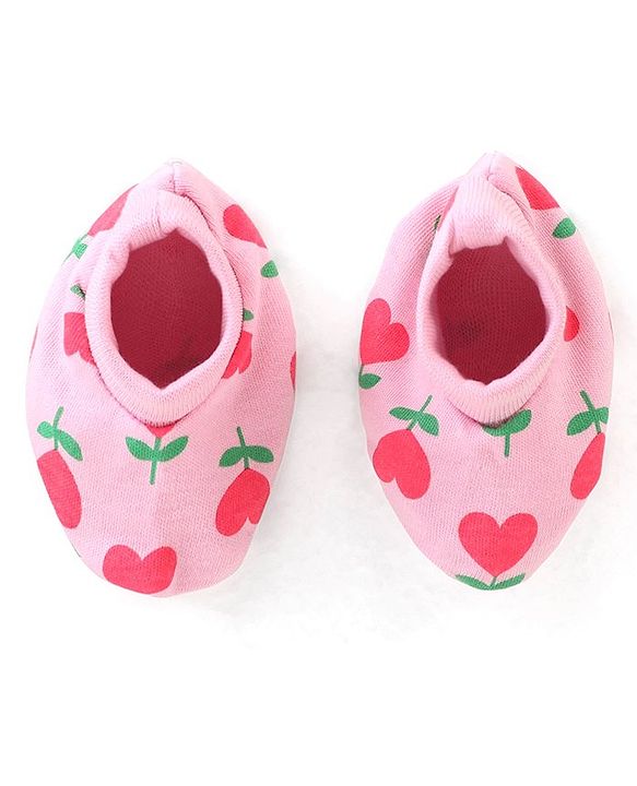 Babyhug 100% Cotton Knit Floral Printed Cap Mittens & Booties Set Pink - Diameter 9 cm