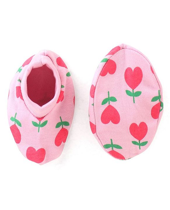 Babyhug 100% Cotton Knit Floral Printed Cap Mittens & Booties Set Pink - Diameter 9 cm