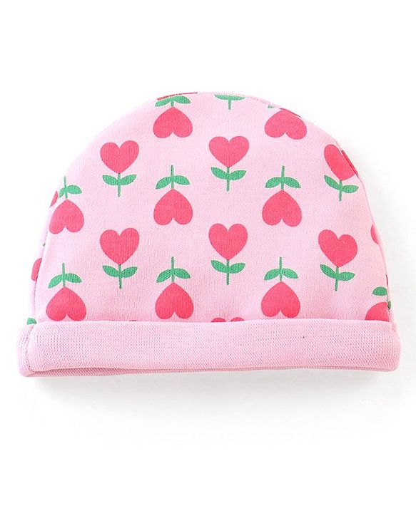 Babyhug 100% Cotton Knit Floral Printed Cap Mittens & Booties Set Pink - Diameter 9 cm