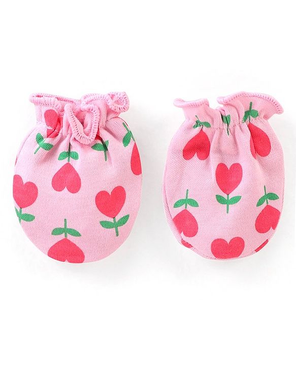 Babyhug 100% Cotton Knit Floral Printed Cap Mittens & Booties Set Pink - Diameter 9 cm