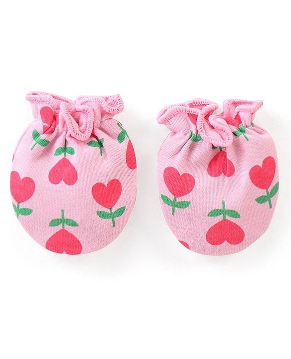 Babyhug 100% Cotton Knit Floral Printed Cap Mittens & Booties Set Pink - Diameter 9 cm