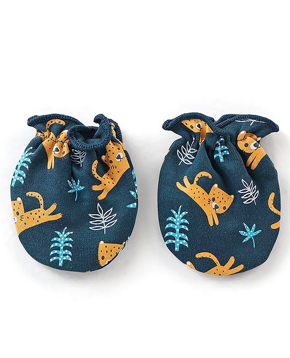 Babyhug 100% Cotton Knit Leopard Printed Cap Mittens & Booties Set - Green