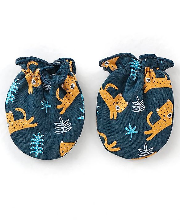 Babyhug 100% Cotton Knit Leopard Printed Cap Mittens & Booties Set - Green